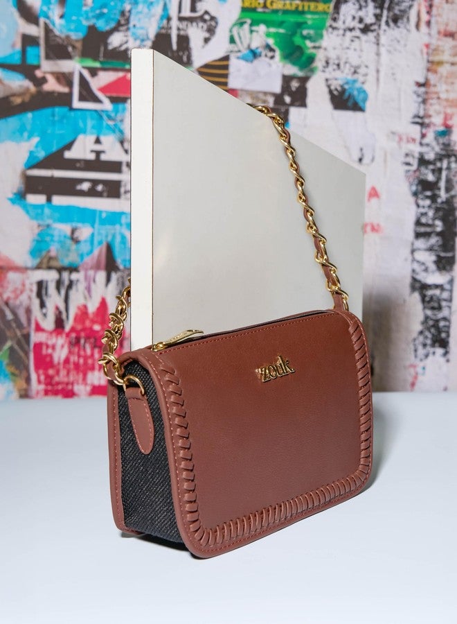 ZOUK حقيبة كتف صغيرة من زوك للنساء | حقيبة كتف أنيقة من الجلد النباتي مع مقبض سلسلة ذهبية | مقاومة للماء | حقيبة يد أنيقة مصنوعة يدويًا | أسود فاحم - Image 2